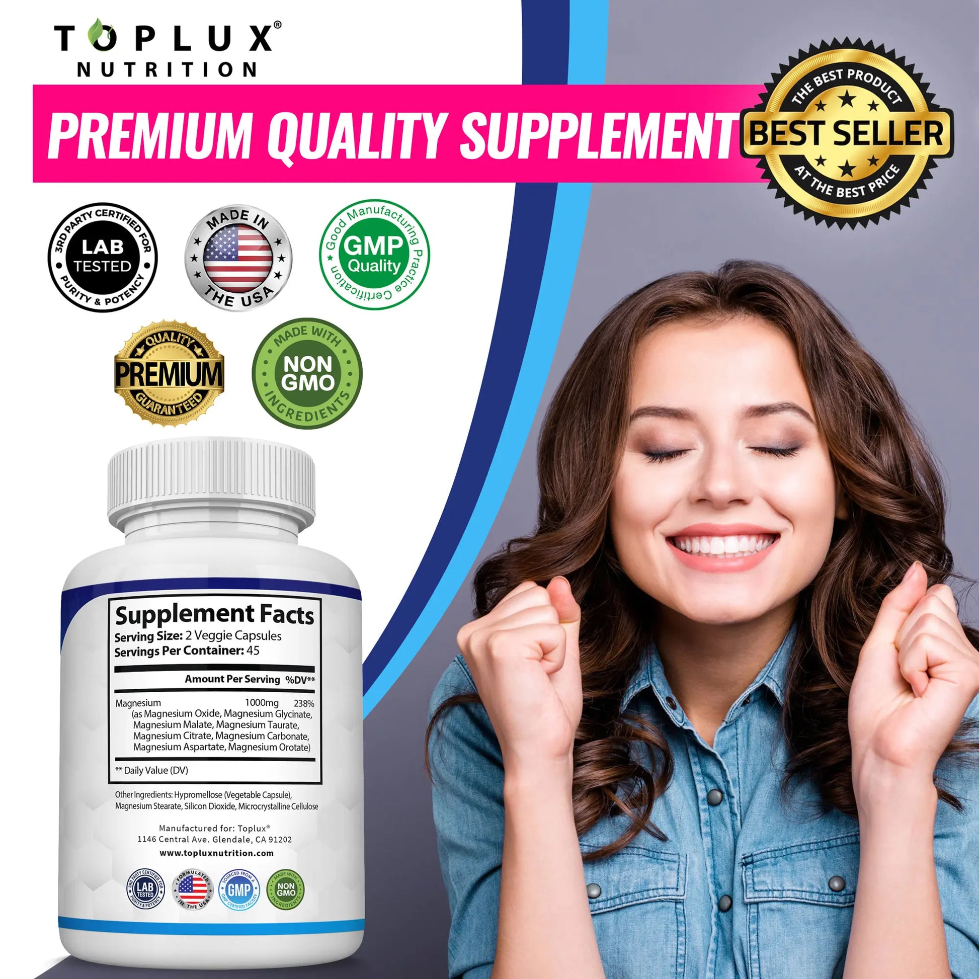 Unlock Restful Sleep with Toplux Magnesium Complex - 8 Essential Magnesium Forms, 1000mg Capsules