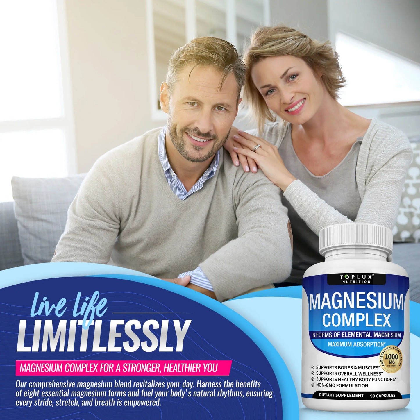 Unlock Restful Sleep with Toplux Magnesium Complex - 8 Essential Magnesium Forms, 1000mg Capsules